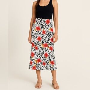 Anna S White Zebra Floral Tropical Hawaiian MIDI Skirt